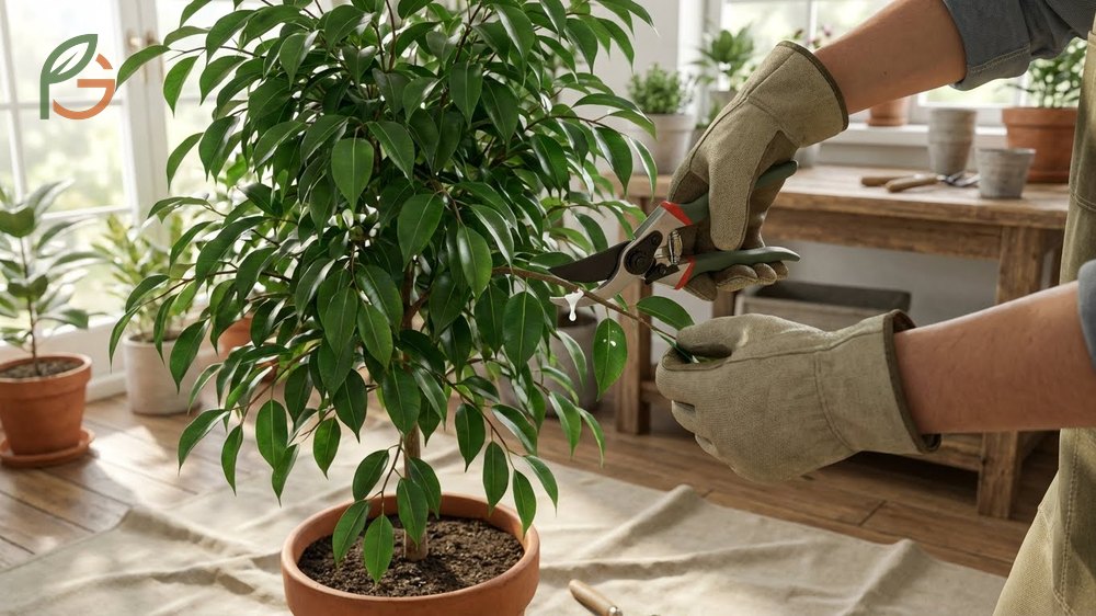 How to prune a weeping fig by cutting just above leaf nodes at a 45 degree angle.
