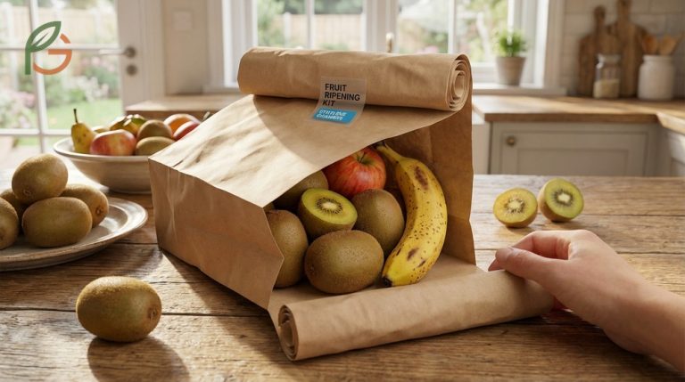 How to ripen kiwi quickly by using ethylene from bananas in a paper bag to soften firm fruit in just 2-5 days at home.