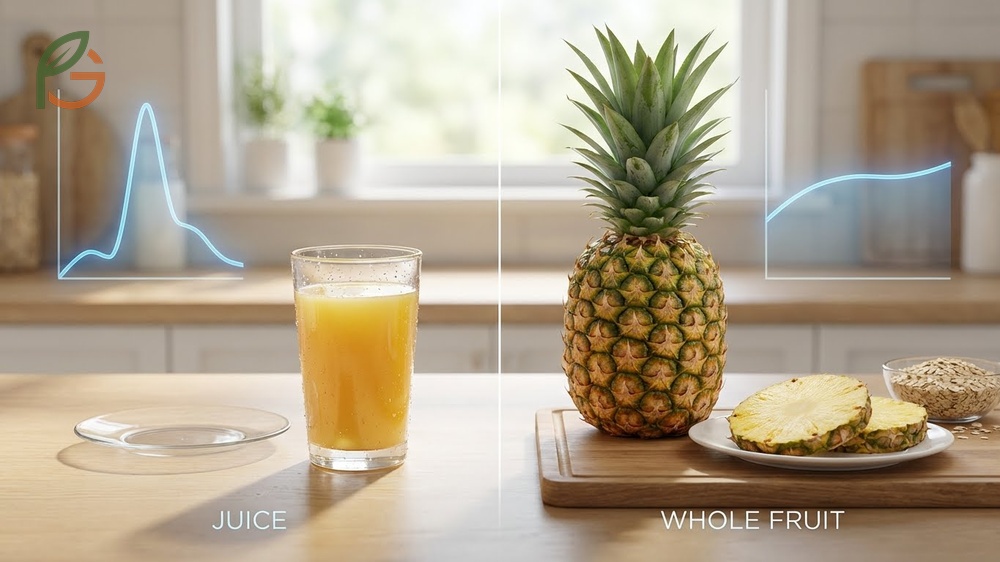 Glass of pineapple juice next to whole fruit illustrating why liquid calories lack the fiber needed for satiety.