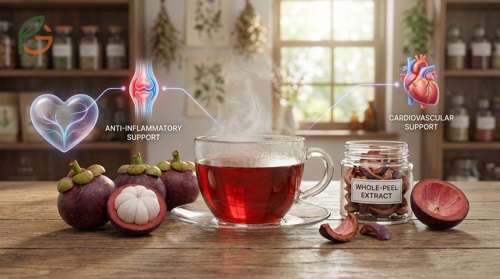 Health benefits of mangosteen tea include reduced arterial stiffness and lower blood pressure readings.