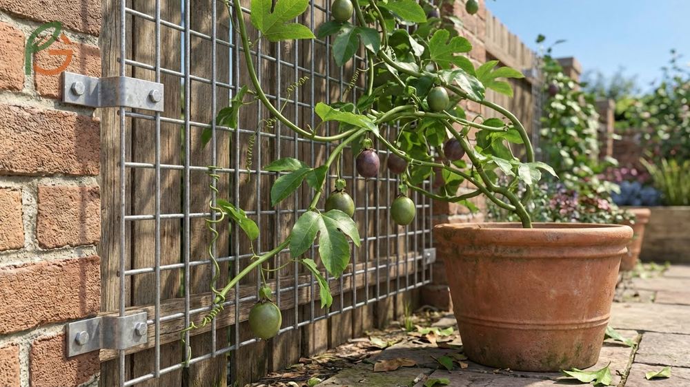 Passion fruit trellis ideas for potted vines using wire mesh or A-frames to support vigorous climbing growth.