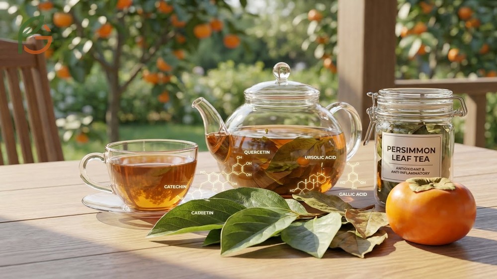Persimmon leaf tea benefits include blood pressure regulation and antioxidant effects from concentrated phenolic compounds.