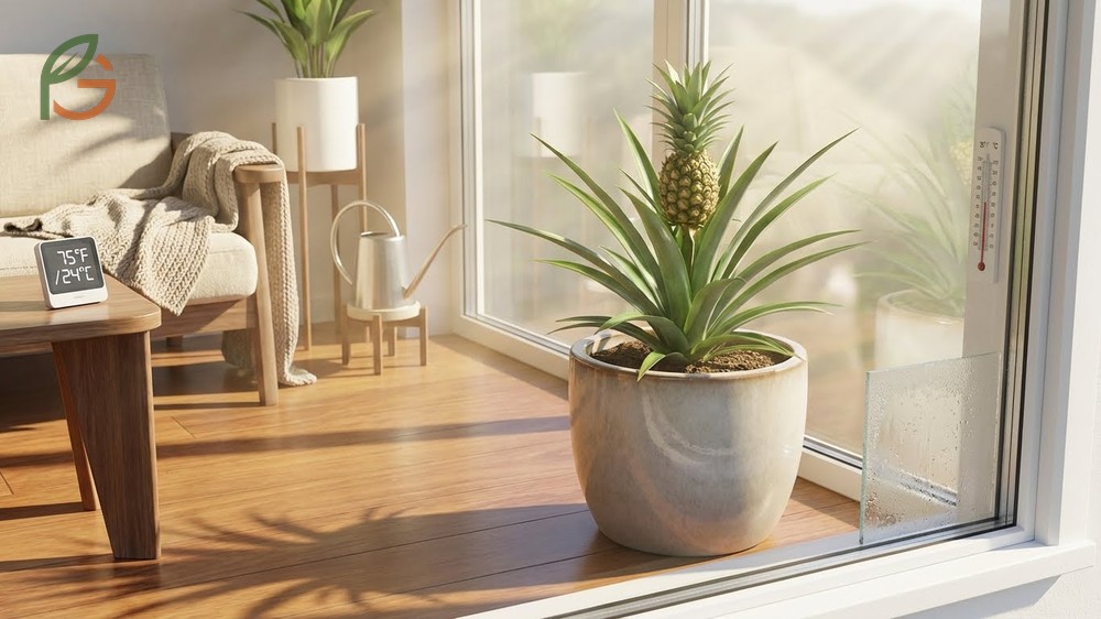 Care for a pineapple plant involves maintaining temperatures between 68 and 86 degrees Fahrenheit.
