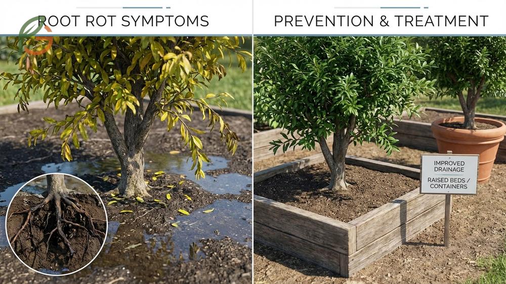 Pomegranate tree diseases like root rot can be prevented by improving soil drainage and air circulation.