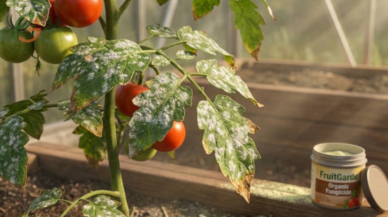 Powdery mildew on tomatoes appears as white spots on leaves thriving in temperatures between 55 and 95 degrees Fahrenheit.