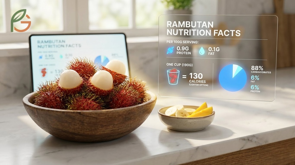 Rambutan nutrition facts show a balanced profile with 130 calories per cup and 88 percent carbohydrates.