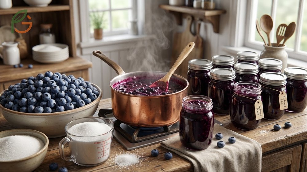 Blueberry preserves no pectin recipe using a simple 3 ingredient method with berries and lemon juice simmered for 20 minutes until thickened.