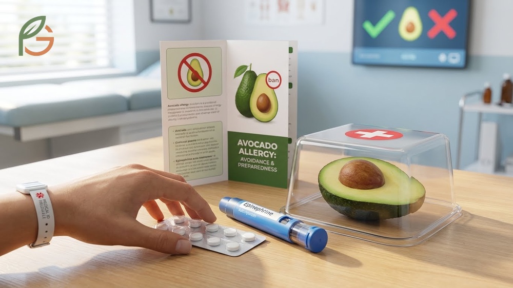 Treating avocado allergy methods using antihistamines and epinephrine auto-injectors.
