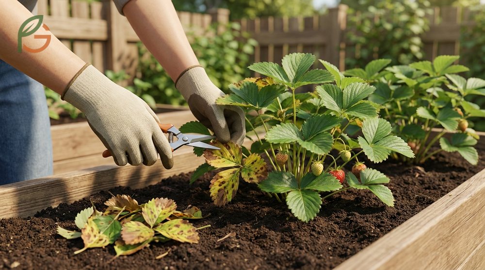Removing yellow and diseased strawberry leaves to improve air circulation and prevent fungal issues in the patch.