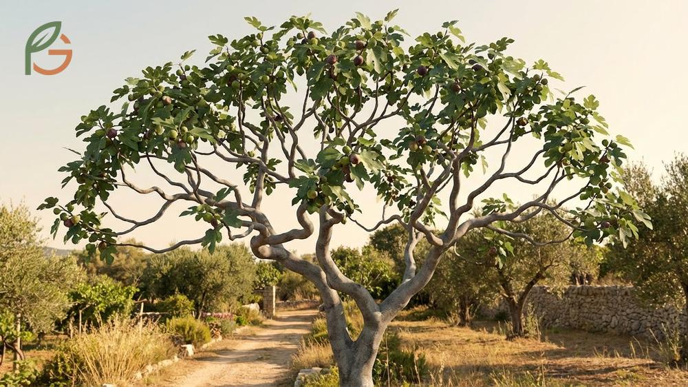 What does a fig tree look like displaying lobed leaves and smooth gray bark in a garden setting.
