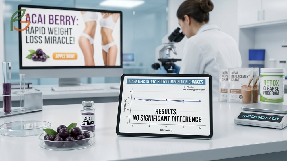 Acai berry weight loss evidence from controlled trials showing no significant body composition changes compared to placebo.