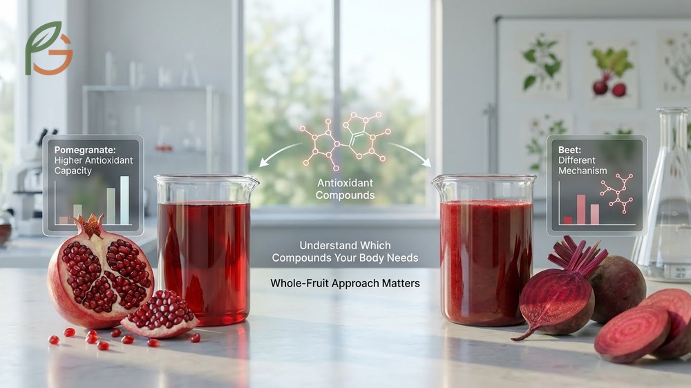 Antioxidant levels comparison highlighting pomegranate punicalagins versus beet betalains for cellular protection.