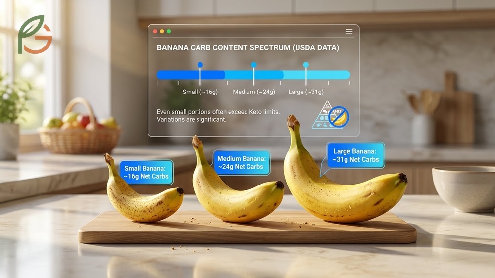 Banana carb content breakdown showing how size and ripeness affect net carbohydrate levels.
