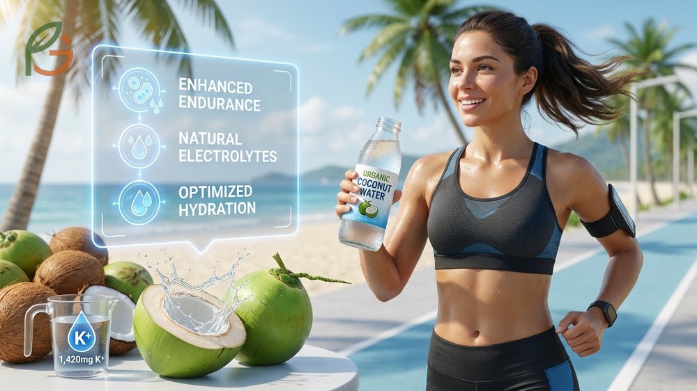 Benefits of drinking organic coconut water include improved exercise performance with 1420mg potassium per liter for rehydration.