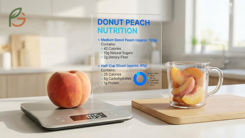 Calories in donut peaches showing nutrition facts including 42 calories and 10 grams of natural sugar per fruit.