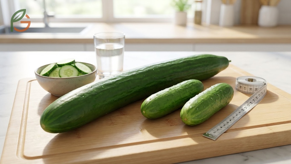 Calories in English cucumbers totaling 30 calories for a medium 14-inch seedless variety.