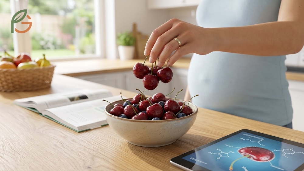 Cherries pregnancy health outcomes discussing reduced gestational diabetes risk and better sleep from natural melatonin.