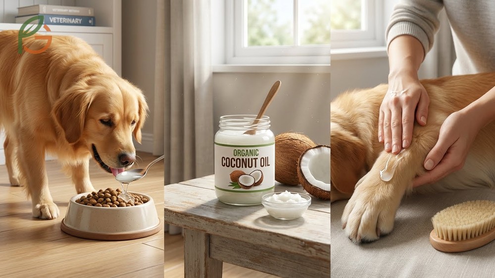 Coconut oil for dogs benefits including improved digestion and shiny coat condition after regular use of lauric acid.