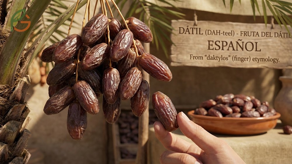 Date fruit in Spanish termed datil derived from the Greek word daktylos meaning finger.