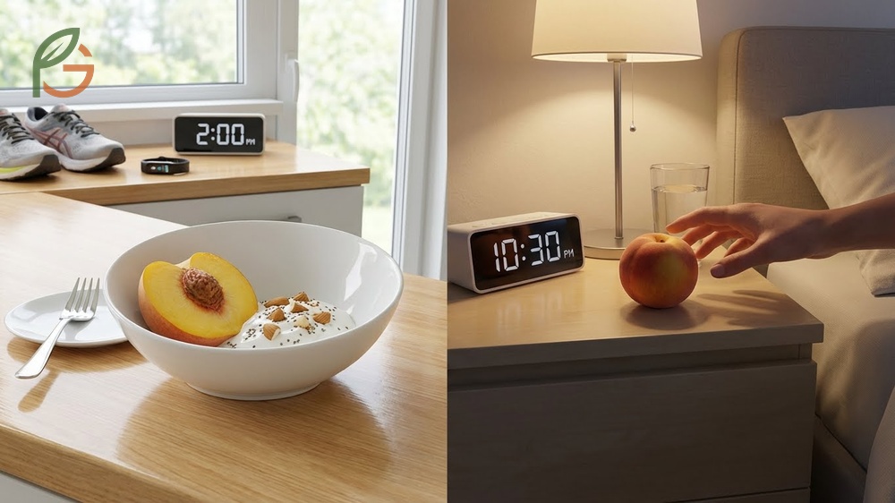 Diabetic peach consumption guidelines recommending protein pairing and optimal timing for glucose stability.