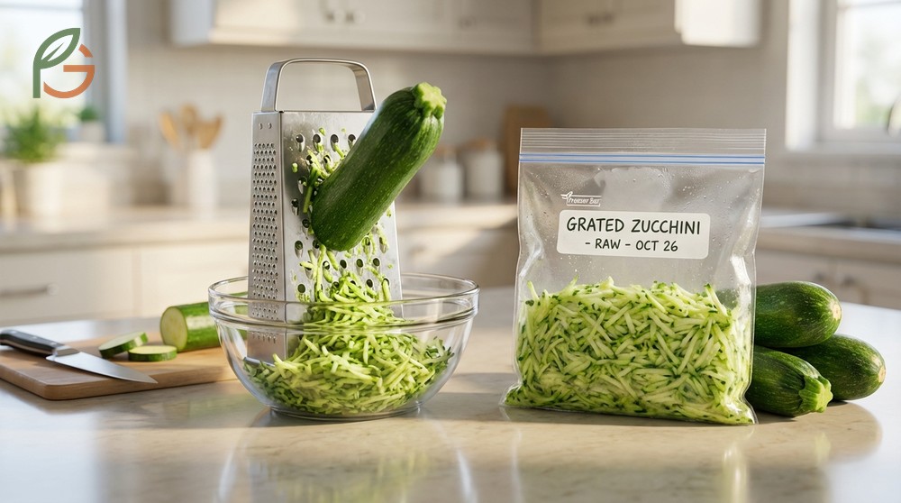 Freezing fresh zucchini without blanching by grating and squeezing out liquid for use in baking recipes up to 5 months.
