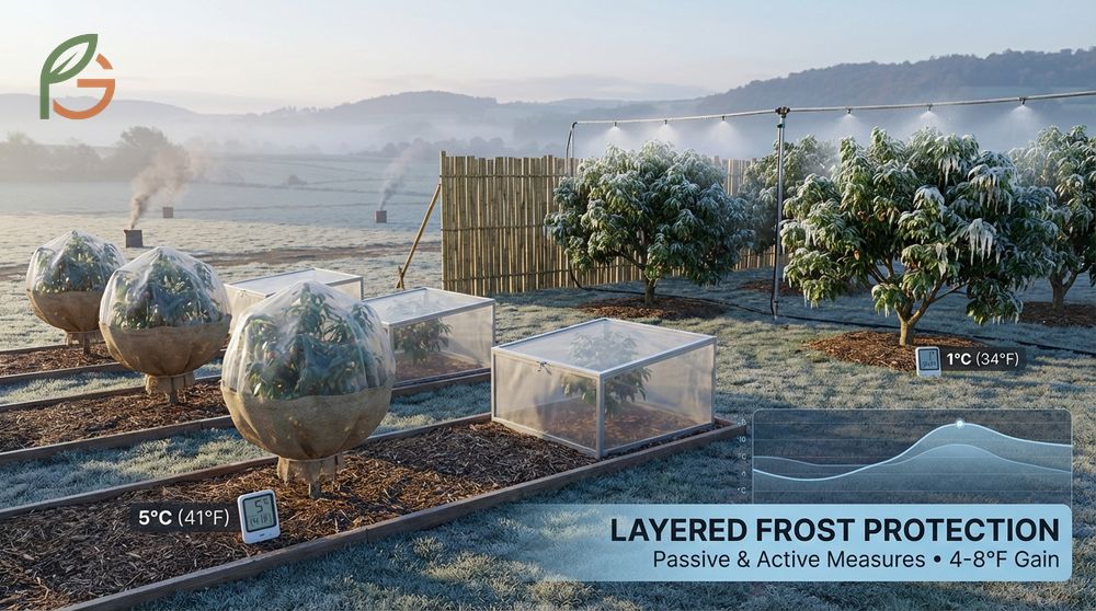 Frost protection for lychee trees utilizing passive trunk wraps and active irrigation strategies during cold events.