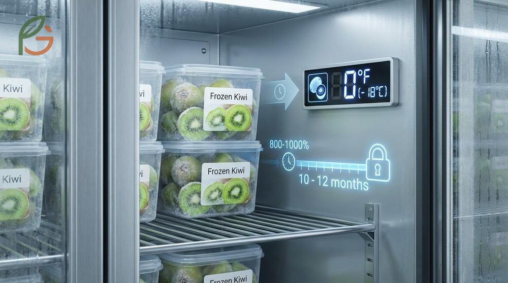 Frozen kiwi storage tips for keeping fruit fresh at zero degrees Fahrenheit for up to twelve months.