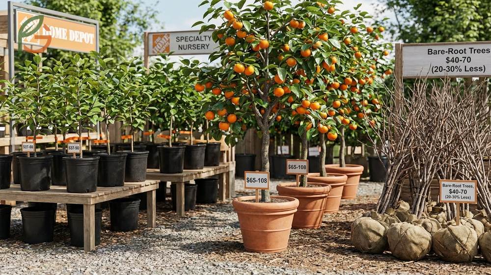 Fuyu persimmon tree price comparison showing costs ranging from 37 to 108 dollars for bare root versus potted trees.