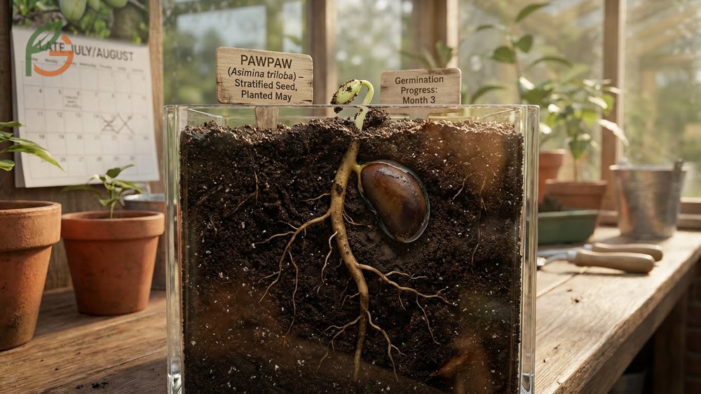 Germinating paw paw seeds showing early taproot emergence before leaves appear above the soil surface.