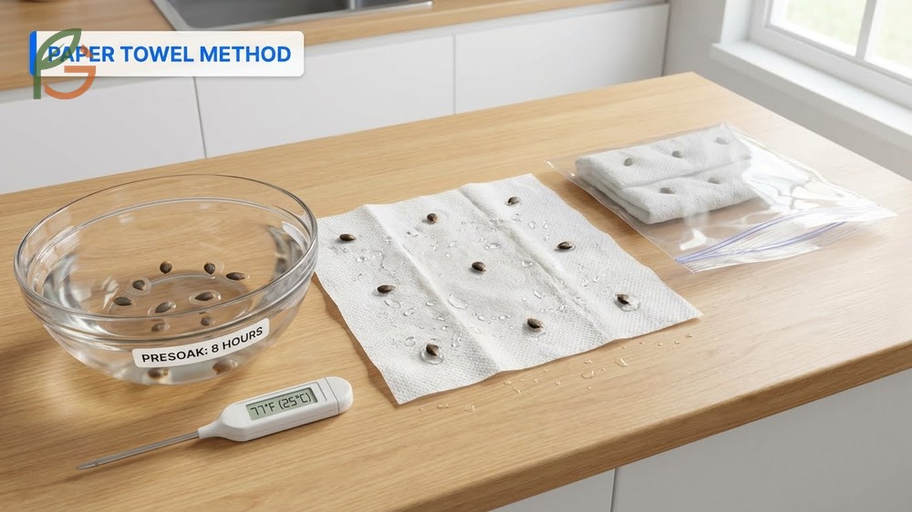 The paper towel method for germinating pineapple seeds involves presoaking for 8 hours and keeping seeds damp at 77 degrees.