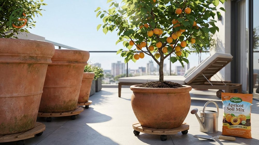Growing apricots in pots requires 20 to 24 inch containers with well draining loamy potting mix.