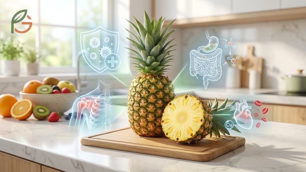 Health benefits of pineapple include strong immune function and bone health support from high manganese content.
