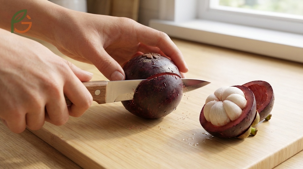 How to cut mangosteen involves scoring a shallow horizontal line around the equator without damaging flesh.