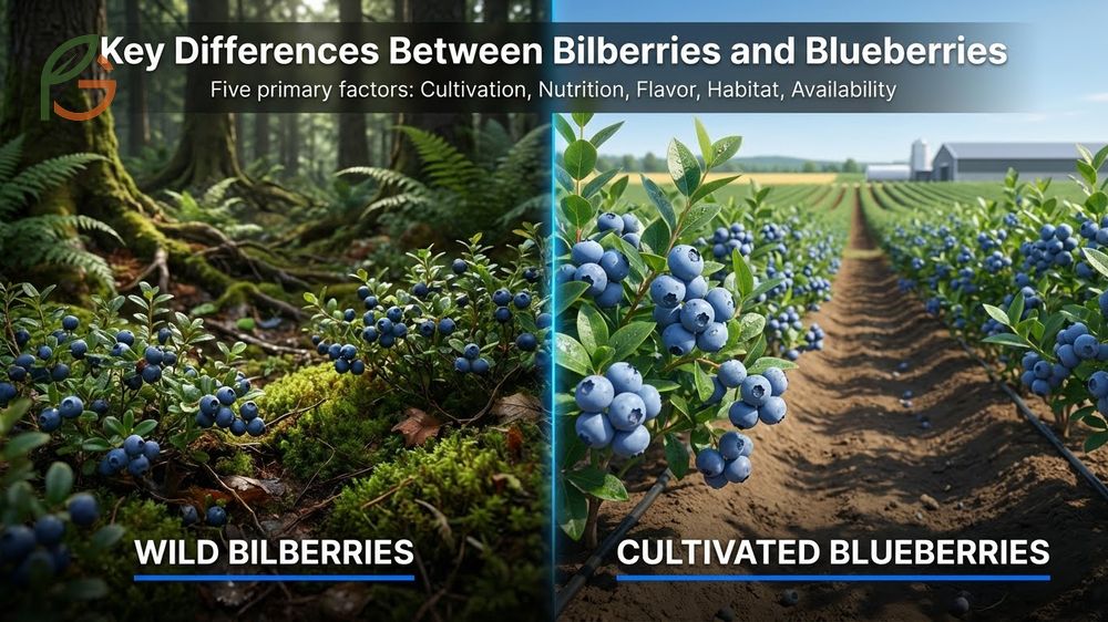 Key differences between bilberries and blueberries include distinct size variations and internal flesh coloration.