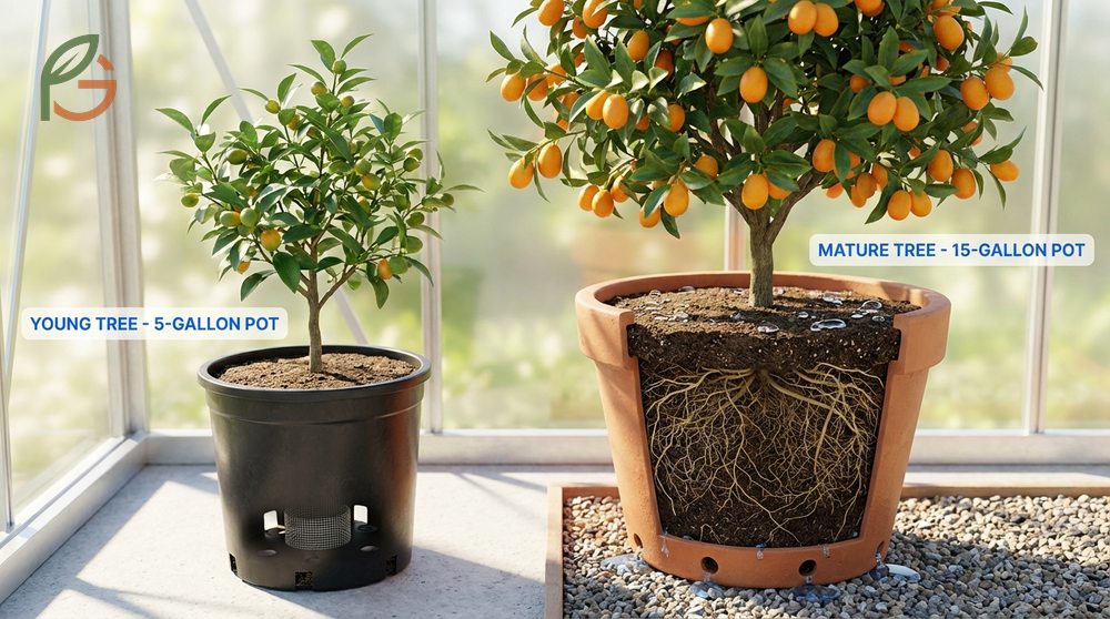 Kumquat tree care in pots using 5 gallon containers with drainage holes to support healthy root systems.