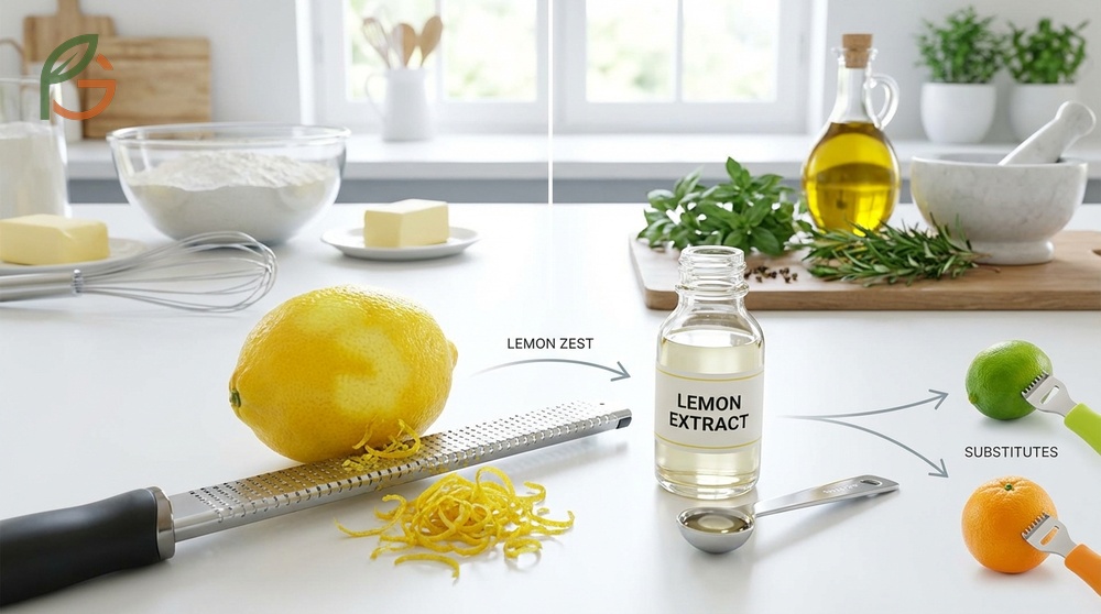 Substitute for lemon zest includes using half a teaspoon of lemon extract for every teaspoon of fresh zest.