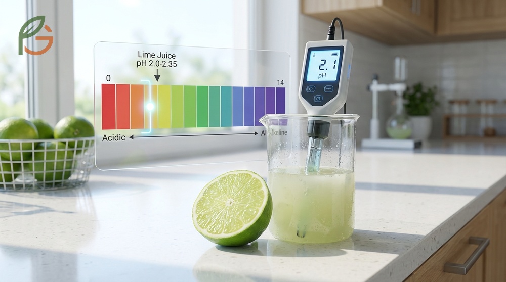 The lime juice pH level stays consistently acidic around 2.2 even after pasteurization or filtration processes.