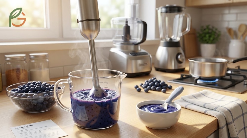 How to make blueberry puree for baby with a smooth texture using a blender and thinning with breast milk.