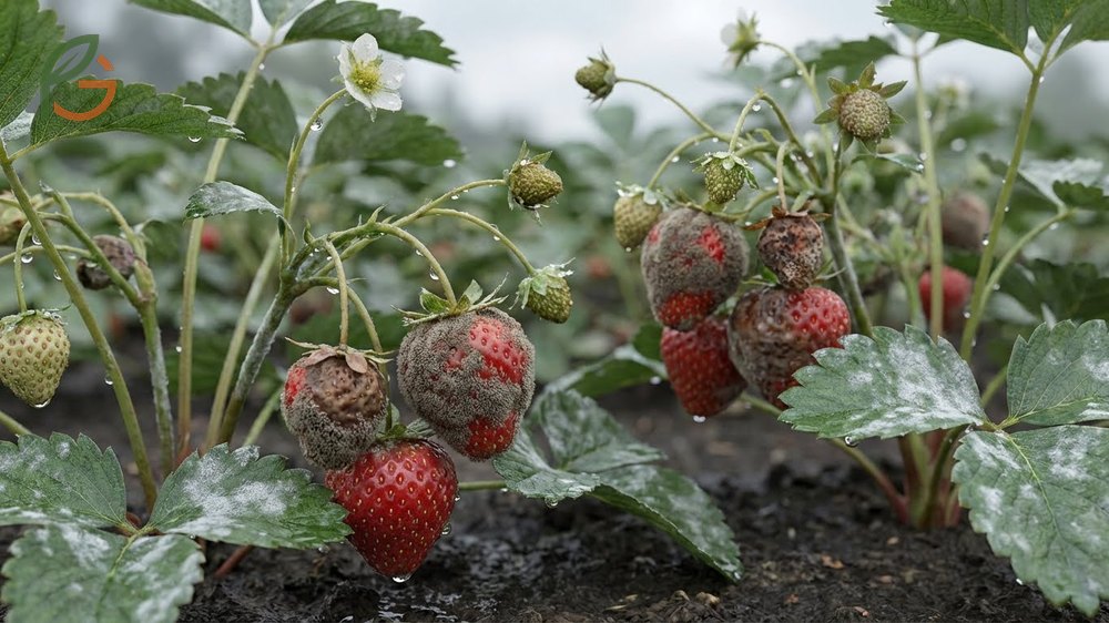 Mold on strawberry plants showing gray spores on berries due to high humidity and poor air circulation.