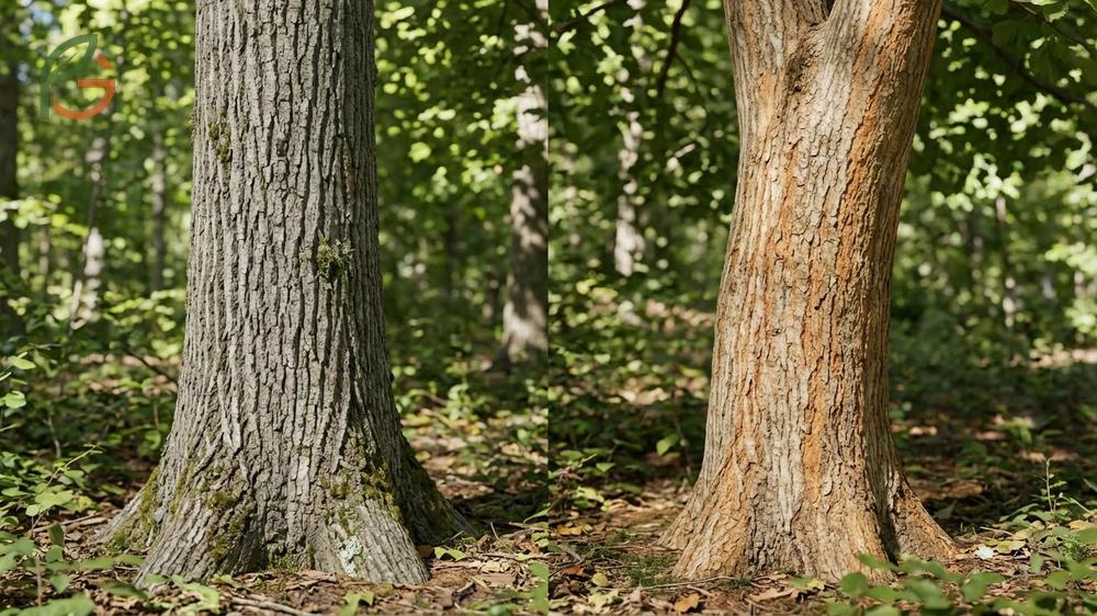 Bark and trunk differences showing red mulberry straight gray scaly ridges compared to white mulberry twisted orange brown braided patterns.
