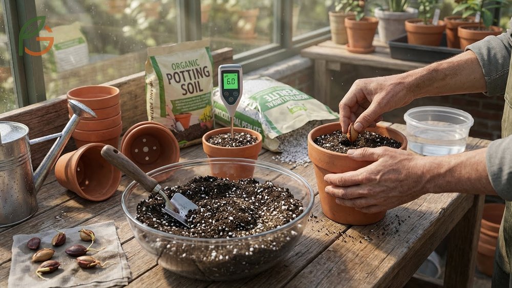 Plum seed propagation in 4 to 6 inch containers filled with a perlite and soil mixture.