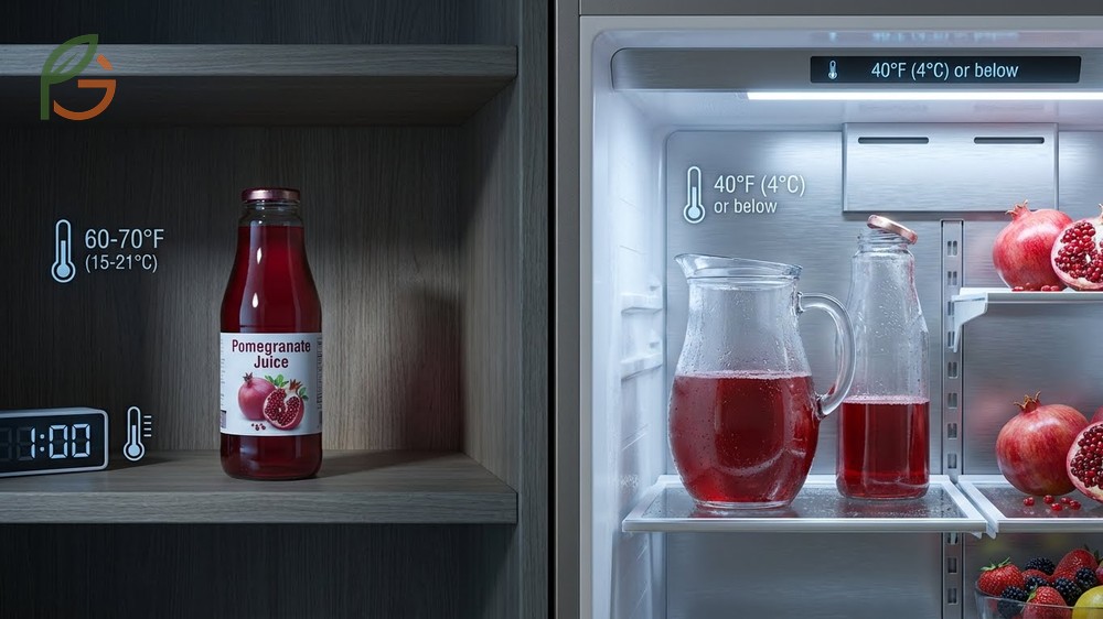 Storing pomegranate juice in amber bottles at 40 degrees Fahrenheit to protect antioxidants from light.
