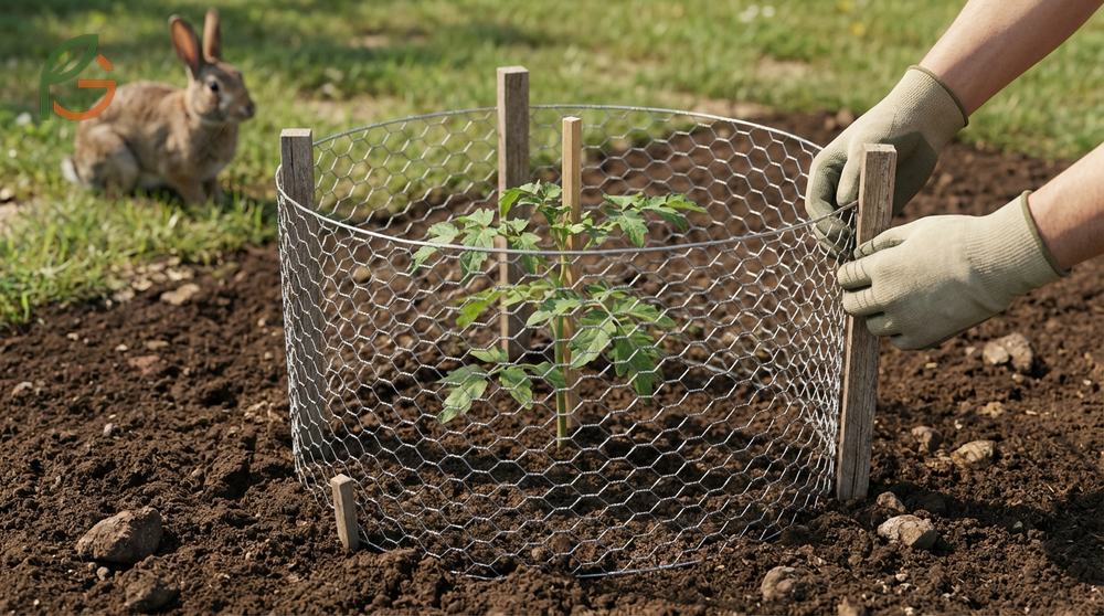 Protecting tomato seedlings from rabbits using chicken wire fencing with one inch mesh to block entry.