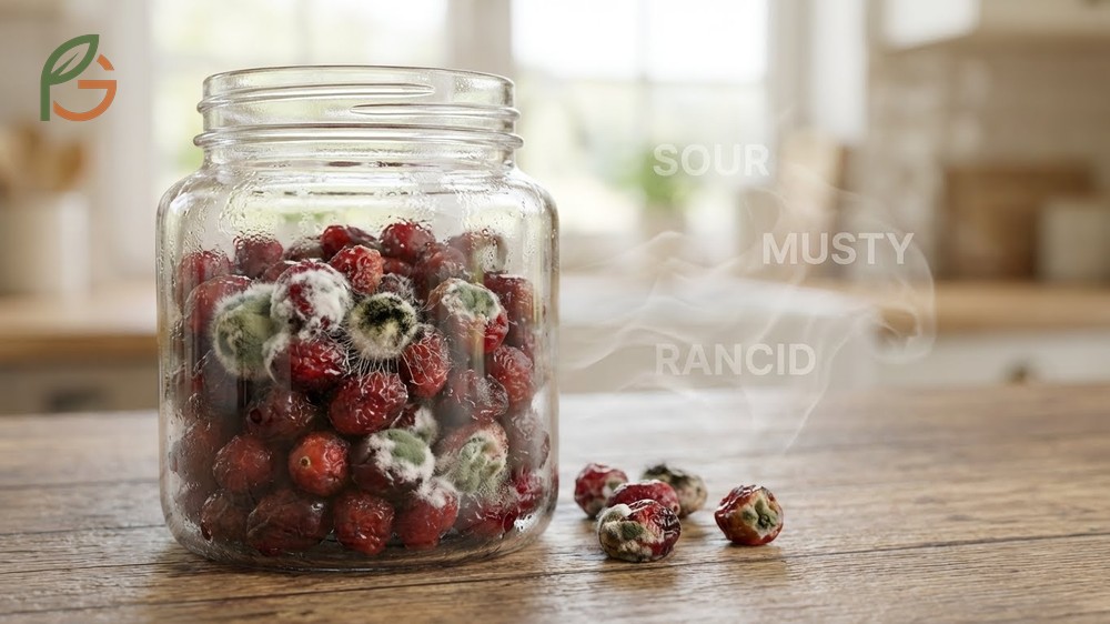 Signs of spoiled dried cranberries including mold growth, off odors, and texture changes indicating moisture absorption.