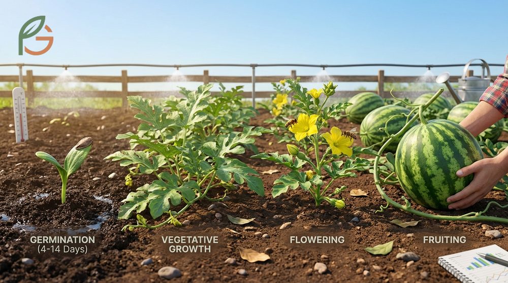 Stages of watermelon plant growth include germination in 10 days and the emergence of female flowers around day 60.