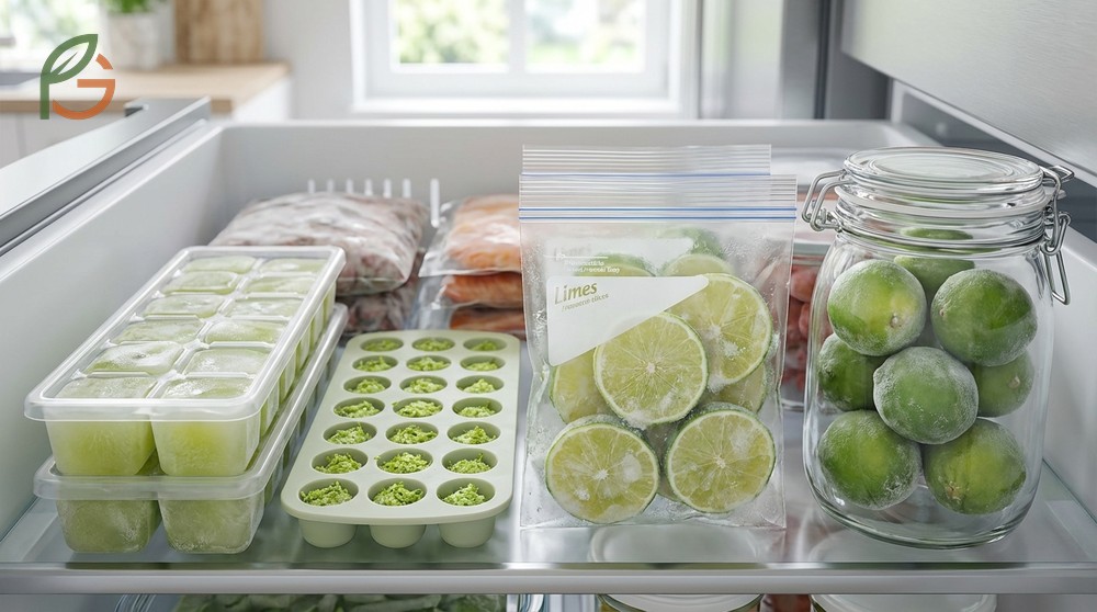 Frozen lime storage methods include keeping juice in ice cube trays where it maintains quality for 3 to 4 months.