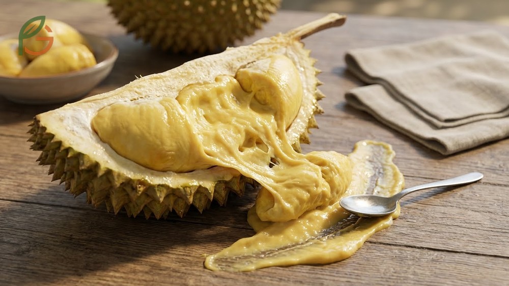 Texture of durian fruit is described as creamy and custard like due to high fat content of 5.3g per 100g.