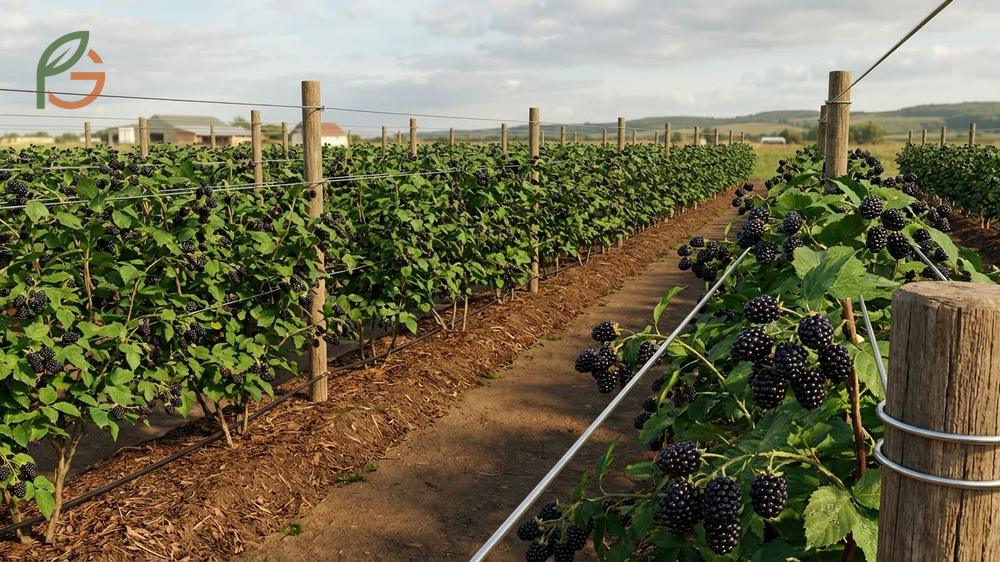 Trellis for blackberry bushes using I-trellis or V-trellis designs to support canes and improve air circulation.