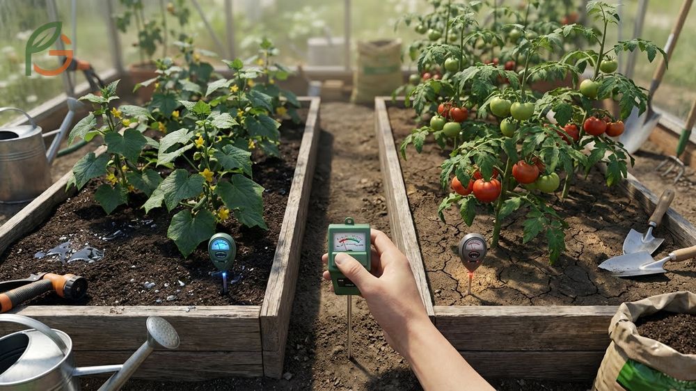 Watering needs comparison shows cucumbers prefer moist soil while tomatoes need drying periods between deep waterings.