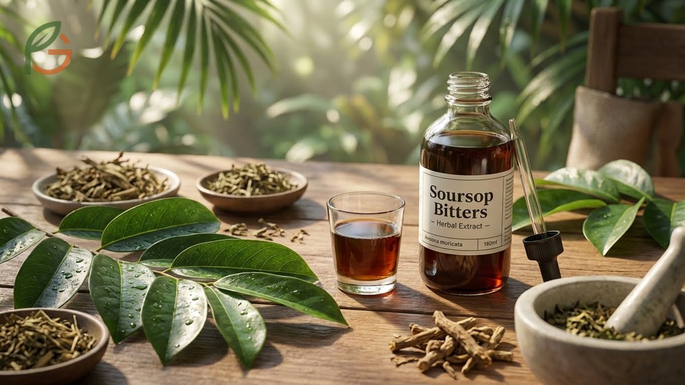What is soursop bitters explaining the blend of soursop leaves with herbs like ginger and moringa.